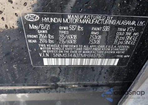 2021 Hyundai Santa Fe Sel z USA, uszkodzony, nr VIN 5NMS34AJ7MH365750